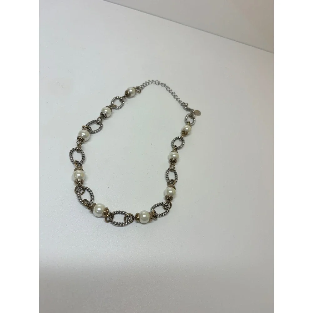Premier Designs Mixed Metal Faux Pearl Rope Chain Link Necklace Two Tone